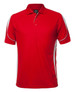 A red polo shirt with white accents, featuring a collar and a logo.