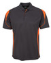 A polo shirt in dark grey with orange accents, featuring a collar and buttons, and a logo on the label.