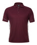 A burgundy polo shirt with white side panels and a logo on the chest. Features a classic collar and short sleeves.