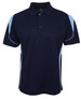 A navy blue polo shirt with light blue accents and a logo on the chest.