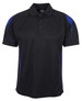 A black polo shirt with blue accent detailing and a logo on the chest area.