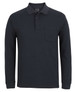 A long-sleeve black polo shirt featuring a collar, three buttons, and a pocket on the left side.