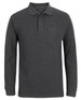 A long-sleeve polo shirt in charcoal grey with a pocket and a buttoned placket. Features branding on the chest.