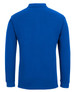 A blue long-sleeved polo shirt with a collar and a pocket, featuring a logo.