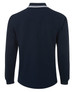 A navy long-sleeve polo shirt featuring contrasting white stripes and a logo on the front.