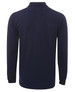 A navy long-sleeve polo shirt with a collar and button placket, featuring a logo on the front.