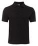 A black polo shirt with a collar, short sleeves, and a buttoned placket. It features a logo on the label.