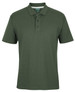 A green polo shirt featuring a collar and button placket, with a logo on the front.