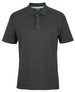 A dark grey polo shirt with a collar and three buttons, featuring a logo on the chest area.