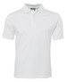 A white polo shirt with short sleeves and a collar, featuring a logo on the neckline.