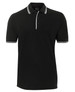 A black polo shirt with contrasting white striped details on the collar and sleeves, featuring a logo.