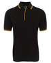 A black polo shirt featuring yellow contrasting stripes on the collar and sleeves. It has a logo on the chest.