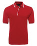 A red polo shirt with short sleeves, featuring contrasting white detailing and a logo on the label.