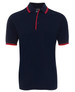 A navy polo shirt with contrasting red stripes on the collar and sleeve cuffs. It features a button-up front and a logo.