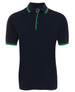 A navy polo shirt with contrast green detailing on the collar and sleeves, featuring a logo.