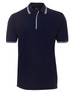 A navy polo shirt with white contrast stripes on the collar and sleeves, featuring a logo.