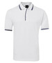 A white polo shirt with contrasting navy stripes on the collar and sleeves, featuring a logo on the chest.