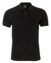 A black fitted polo shirt with a collar and three buttons, featuring a logo on the chest.
