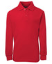 A red long-sleeve polo shirt with a collar and buttons, featuring a logo on the chest.