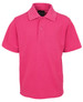 A bright pink polo shirt featuring a collar and two-button placket, with a logo on the label.
