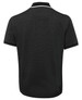 A black polo shirt with a textured design and contrasting white collar and sleeve trims. It features a logo.