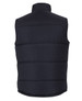 A black puffer vest featuring a high collar and a quilted design, with a logo displayed.
