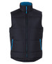 A black puffer vest with a blue lining and contrasting blue zipper details. It features a high collar and pockets.
