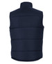 A navy puffer vest with a high collar and stitched panel detailing. Features a simple design and a logo.