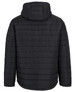A hooded puffer jacket in black, featuring a quilted design and a prominent hood at the back.