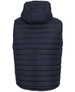 A dark navy hooded puffer vest featuring a quilted design and a hood at the back. It has a logo.