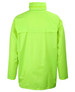 A bright lime green rain jacket featuring a high collar and a back cape design. It has a brand logo.
