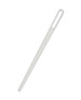 A slim, white threading needle with an elongated design and a large eye for easily threading drawcords.