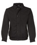 A black polar fleece jacket with a collar, snap buttons, and side pockets. It features a logo.