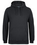 A black hoodie featuring a front pocket and drawstrings on the hood. It has a logo on the label.