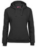 A black women's hoodie with a front pocket and a drawstring hood, featuring a branded logo.