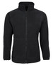 A black polar fleece jacket featuring a zip front and side pockets, with elastic cuffs and a collar.