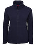 A navy polar fleece jacket with a full zip and stand-up collar, featuring two front pockets and a logo.
