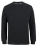 A black jumper with a crew neck and long sleeves. It features a solid design and includes a branding logo.