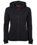 A black full zip fleece hoodie for women with a hood and front pockets, featuring a logo.