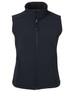A black softshell vest with a high collar, front zipper, and side pockets, featuring a logo.