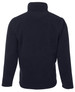 A black fleece jacket with a high collar and long sleeves, featuring a logo on the back.