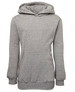 A grey fleecy hoodie featuring a front pocket and a hood, with ribbed cuffs and hem. It includes a logo.