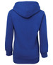 A blue fleecy hoodie featuring a large hood and long sleeves, displaying a logo on the back.