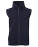 A navy polar vest with a high collar and full front zipper, featuring a logo on the tag.