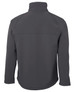 A soft shell jacket in dark grey, featuring a high collar and smooth fabric. The back view showcases its sleek design.