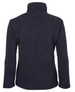 A dark navy fleece jacket with a high collar and long sleeves, featuring a logo on the back.