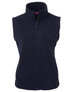 A navy polar vest with a high collar and a front zip, featuring a logo on the chest area.