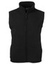 A black polar vest with a high collar and zip closure, featuring side pockets and a logo on the chest.