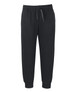 Black track pants featuring an elastic waistband and a drawstring, with a simple design and no visible branding.
