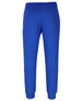 Bright blue track pants with an elastic waistband and cuffed ankles, featuring a logo on the design.